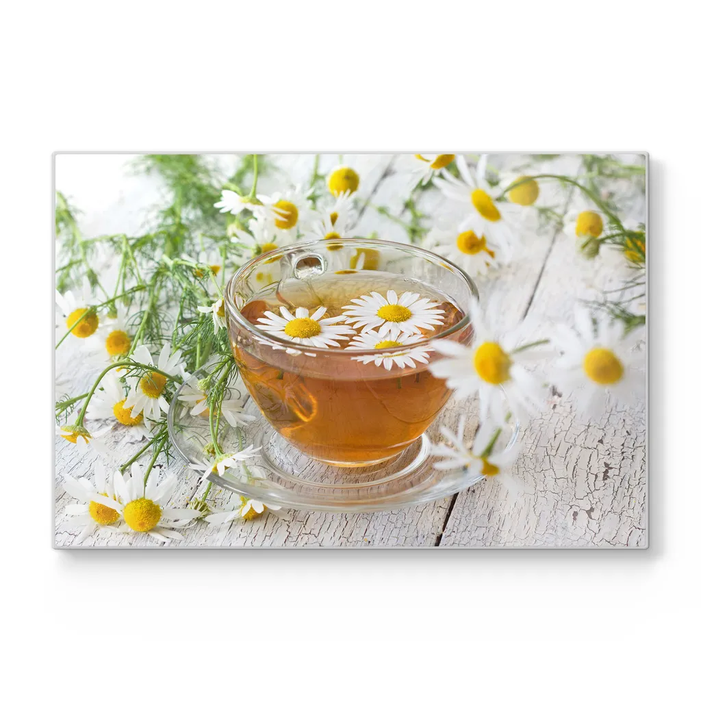 DEQORI Schneidebrett Glas 30x20 cm 'Tee mit Kamillenblüten' Schneideplatte groß